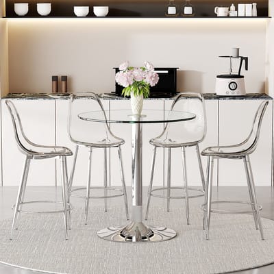 MODENUIT Barset 89 cm met 4 Barkrukken - Transparante Glazen Tafel - Voor Keuken En Bar - Metaal - Zilver