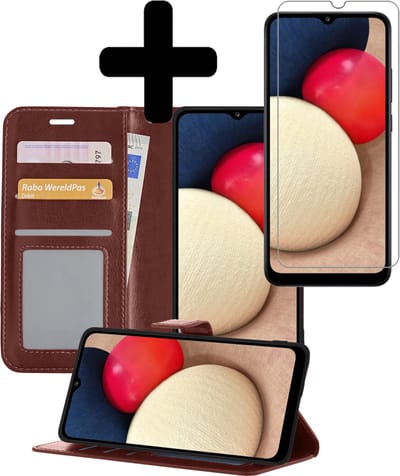 Hoesje - Met Screenprotector - Geschikt voor Samsung Galaxy A02s - Luxe Pasjeshouder - Bookcase Portemonee - Flip Case - Kunstleer Book Case - Flipcase - Book Cover - Walletcase - Portemonneehoes - Telefoonhoesjes - Bruin