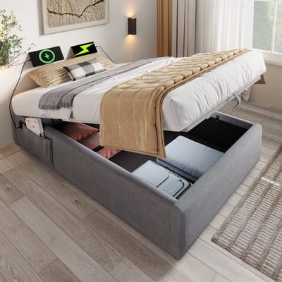 MODFU Gestoffeerd eenpersoonsbed 90x190 cm – katoen-linnen grijs – met hydraulische opbergruimte en USB/Type-C – zonder hoofdbord