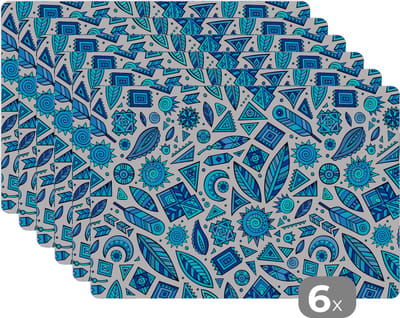 Placemat - Placemats kunststof - Blauw - Patronen - Veren - Maan - 45x30 cm - 6 stuks - Hittebestendig - Anti-Slip - Onderlegger - Afneembaar