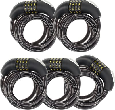 Kabelsloten voor Electrische Fietsen 5 stuks - Kunststof en Rubber Cijferslot Fiets - 180cm x 10mm - Zwarte – Durzaam Fietsaccessoires