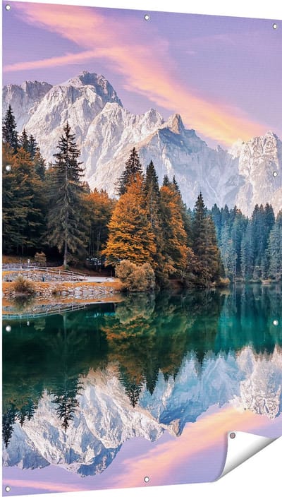 Gards Tuinposter Meer met Weerspiegeling van de Bergen - 100x150 cm - Tuindoek - Tuindecoratie - Wanddecoratie buiten - Tuinschilderij