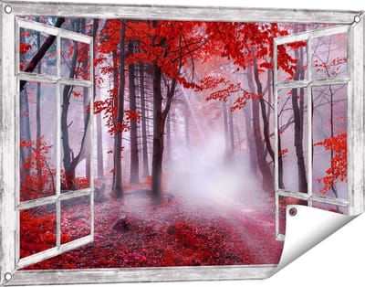 Gards Tuinposter Doorkijk Rood Bos met Bomen - 90x60 cm - Tuindoek - Tuindecoratie - Wanddecoratie buiten - Tuinschilderij