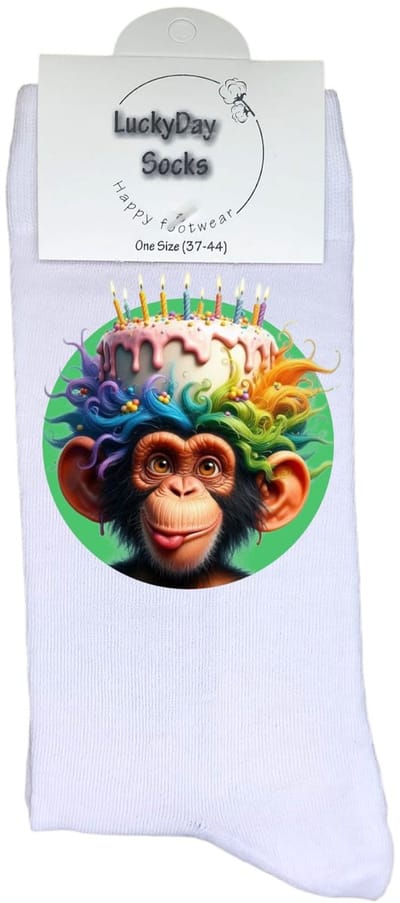 Luckyday Socks - Unisex sokken - Verjaardagtaart - Aap - cadeau sokken - Maat 37-44