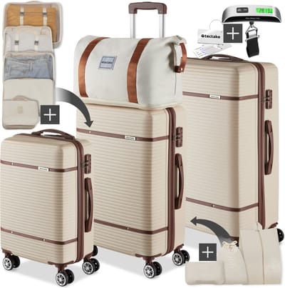 tectake® Kofferset - 13-delige Reisset - Koffers - Koffer set - Bagageset Inclusief Handbagage Koffer, Ruimbagage Koffer Groot, Reistas, Toilettas, Accessoiretas - Trolley met TSA slot - Creme