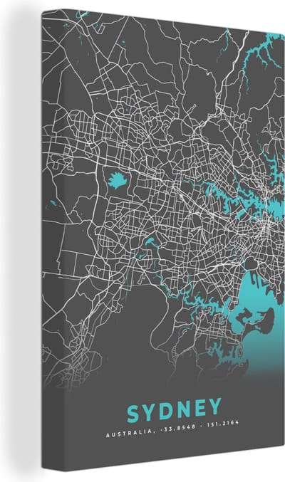 Canvas Schilderij Sydney - Stadskaart - Plattegrond - Blauw - Kaart - 20x30 cm - Wanddecoratie