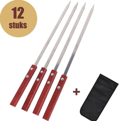 ZYLARO BBQ spiezen - Barbecue spiesen set van 12 stuks - 35cm Luxe RVS Vleespennen - Verdikking en verbreding lange Spiezen - Met opbergzak - BBQ accessoires