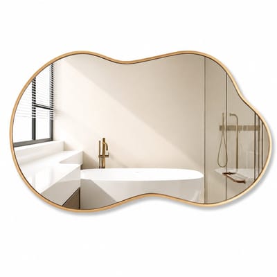 ITRONIQ Asymmetrische Wandspiegel 116x66 CM - Design Spiegel Met Golvend Metaal Frame - HD Glas - Modern Wandmontage - Goud