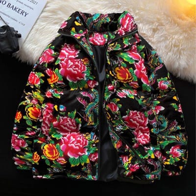 Veste Matelassée Fleurie Couple Hiver Dernière Épaisse Courte Chaude Veste Épaisse XL noir
