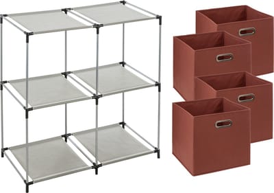 5Five Kastmandjes/opberg manden - steenrood - 4x stuks van 29 Liter - Metalen rekje is 67 x 68 cm