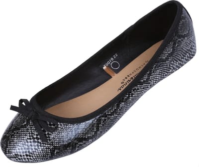 Zwart-witte ballerina's van slangenleer met strik