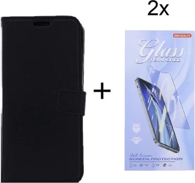 Bookcase Geschikt voor: Oppo A15 - Zwart - portemonnee hoesje met 2 stuks Glas Screen protector