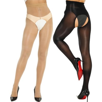 Kuwa 2 Paires Collants à Entrejambe Ouverte Collants Brillants Pour Femmes 15D Collants à Brillance Huilée Taille Haute Collants Scintillants Collants Scintillants à l'Huile L-XL 70-120KG black