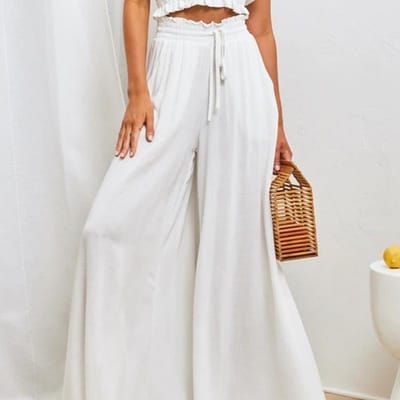 Dames Casual Broek Losse Wijde Pijpen Broek Zachte Elastische Taille Print Hoge Taille Broek Geplisseerd Vakantie Strand Broek XL wit