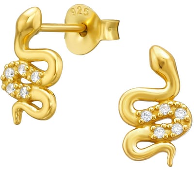 Joy|S - Zilveren slang oorbellen - 6 x 10 mm - zirkonia - oorknoppen - gold plated
