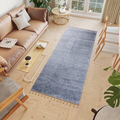 Tapiso Versay Fringes Tapijtloper Grijs Hoogpolig Woonkamer Slaapkamer Gang Maat- 70x250