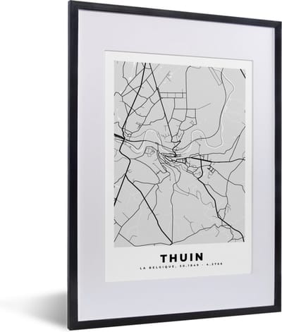 Fotolijst incl. Poster Zwart Wit- België – Thuin – Stadskaart – Kaart – Zwart Wit – Plattegrond - 30x40 cm - Posterlijst