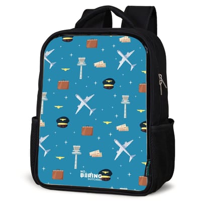 NoBoringSuitcases.com® - Rugzak zwart - Schooltas jongen & meisje - Luchtvaartthema met vliegtuigen op blauwe achtergrond - Rugtas voor school - Boekentas kind - Schoolrugzak - Kinderrugzak