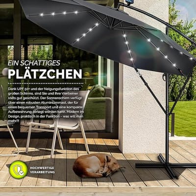 Zweefparasol Ø 350 cm met LED Verlichting en Solar Paneel – Kantelbare Aluminium Tuinparasol met Handslinger, UV50+ Waterafstotend – Mobili Bella