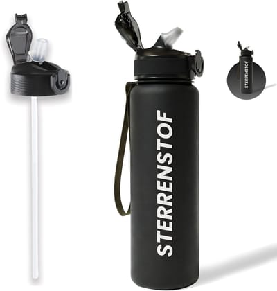Sterrenstof Premium Waterfles 1 liter - Drinkfles met rietje - Waterfles - Zwart - Drinkfles Volwassenen - Lek Vrij - Cadeau voor haar/hem - Verschillende Drinkflessen en waterflessen - Drinkbeker - Sportfles - Drinkbus