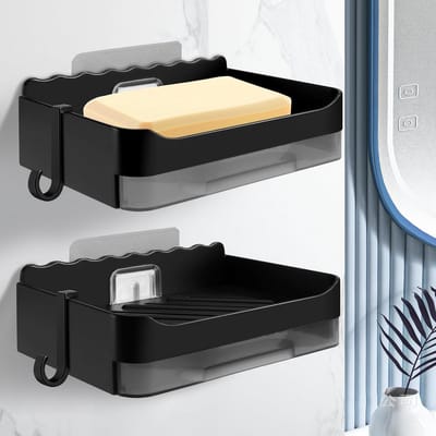 SnelShoppen - Soap Cup met Zeep Dish, Zeep Houder, Muurbevestiging zonder Boren, 2 Stuks Wandmontage, Zeep Dish Houder met Druiprek en Haak voor Badka