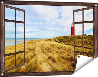 Gards Tuinposter Doorkijk Vuurtoren met Duinen in Texel - 90x60 cm - Tuindoek - Tuindecoratie - Wanddecoratie buiten - Tuinschilderij
