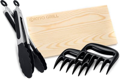 Kyto BBQ Grill Accessoires Set 3-delig – Pulled Pork Klauwen, Grilltang Set 2-delig (34/27 cm) & Cederhouten Grillplank 30x15 cm – BBQ Meat Claws, RVS Grilltang & Rookplank voor Vis, Vlees & Groenten