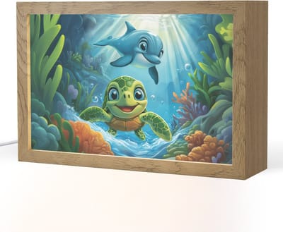 Nachtlampje 30x20 cm - Kinder lampje - Schildpad - Dolfijn - Oceaan - Tafellamp kinderkamer - Slaapkamer lamp - Bedlamp kinderen - Kinderlampje stopcontact - Wandlamp babykamer - Nachtlampjes
