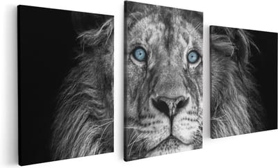 Artaza Canvas Schilderij Drieluik Leeuw Met Blauwe Ogen - Zwart Wit - 120x60 - Foto Op Canvas - Canvas Print