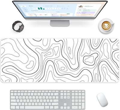 Gaming muismat XXL, groot, 900 x 400 mm, bureauonderlegger met antislip rubberen basis, bureaumat voor toetsenbord, pc, laptop, witte lijn