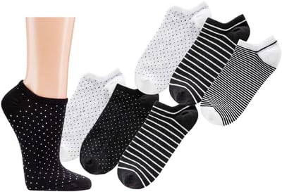 Dames sneakersokken 39-42 | 6 paar | voordeelbundel | pakketkorting | thema strepen en stippen in zwart en wit