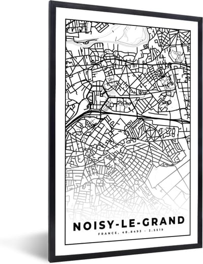 Fotolijst incl. Poster Zwart Wit- Stadskaart - Plattegrond - Kaart - Noisy-le-Grand - Frankrijk - Zwart wit - 40x60 cm - Posterlijst