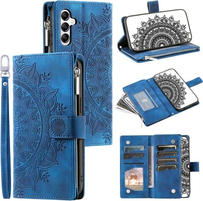 Telefoonhoesje geschikt voor Samsung Galaxy A56 5G - Portemonnee met rits - book-case hoesje - ruimte voor 8 pasjes - mandala blauw