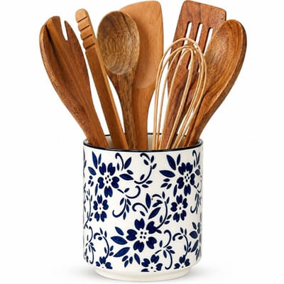 VHV - Bestekhouder - Keukengerei houder - Bestekpot - Keramiek - Landelijk design - Voor aanrecht en keuken - Bloemenprint - 14 cm - Blauw en wit