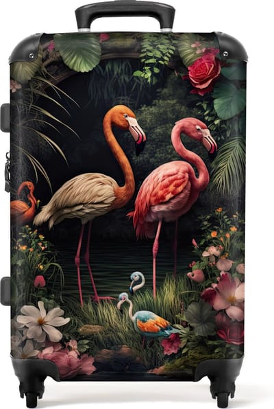 NoBoringSuitcases.com - Koffer - Flamingo - Bloemen - Jungle - Roze - Reiskoffer - Trolley op wieltjes - 66 cm - Handbagage koffer - Koffer groot - 72 liter - Grote koffer - 20 kg bagage - Hardcase koffer - Lichtgewicht - TSA slot
