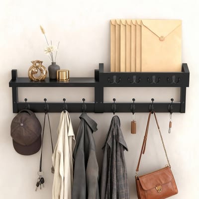 Soontrans Houten wandkapstok – kapstok met 8 kapstokhaken en 4 sleutelhaken, Wandgarderobes Met Plank, Set van 2 Wandrekken In één Pakket, Wandkapstok Minimalistisch Design Voor Slaapkamers en Gangen (Zwart)