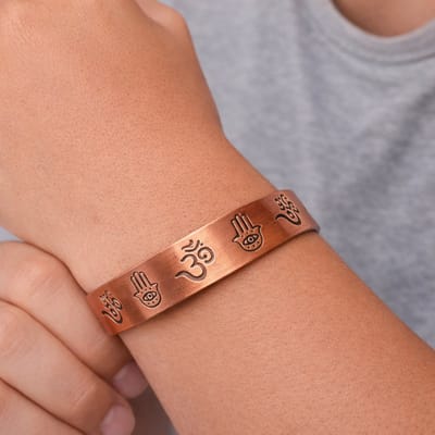 Koperen gezondheids-klemarmband met Ohm en Hamsa-hand symbolen met 2 magneten