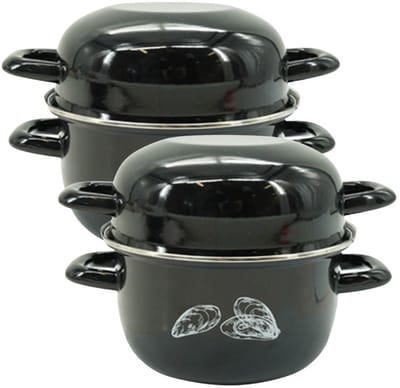 Fackelmann 933950 Set van 2 mosselpotten van geëmailleerd staal, individuele mosselpot, zwarte mosselpot, mosselpan, schelpdieren, koolstofstaal, email, zwart, 20,5 x 26 x 17,5 cm