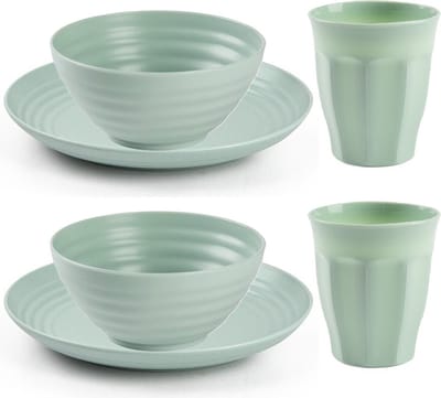 Plasticforte Camping Servies set - kunststof - mintgroen - 4x borden/4x drinkbekers/4x kommetjes - onbreekbaar