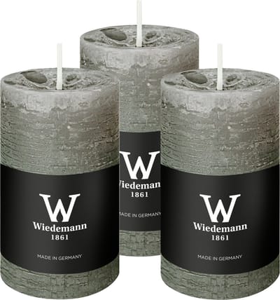 Wiedemann Cilinderkaars/stompkaars - 3x - rustieke kaars - lichtgrijs - 6 x 9 cm - 30 branduren