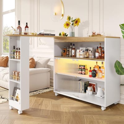 Uittrekbare bartafel - Hoge keukentafel - Ruimte besparen - Ingebouwde LED strip - 138-204 cm lengte - Wit