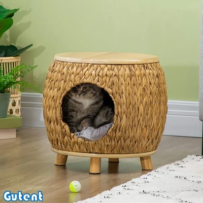 Gutent Kattenbak - Gemaakt van hyacintgras - Afwasbare mat - 44 cm x 43 cm x 42 cm -Lichtbruin + Natuurlijk hout + Grijs
