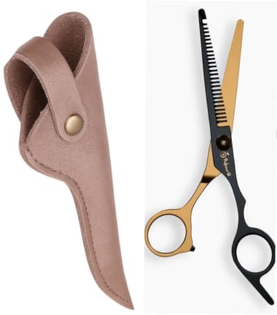 Professor Q – Professionele Effileerschaar – Uitdunschaar Kapper Rechtshandig – Goud/Zwart – Inclusief Luxe Lederen Etui – Brons – 16,5 cm