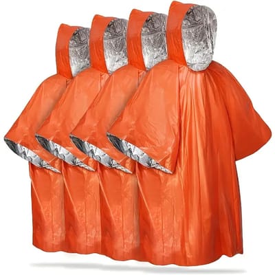 Ultiluxe® Overlevingsdeken met capuchon - 4 stuks - Oranje - Nooddeken waterdicht - 120 x 100 cm - Tegen zon UV licht, wind, sneeuw en waterbestendig - Waterdichte reddingsdeken - Thermische isolatiedeken - Folie noodjas - Geisoleerd survival deken