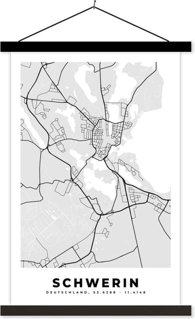 Posterhanger incl. Poster 40x60 cm - Schoolplaat - Duitsland - Plattegrond - Kaart - Schwerin - Stadskaart - Textielposter - Zwarte latten - Stadskaart