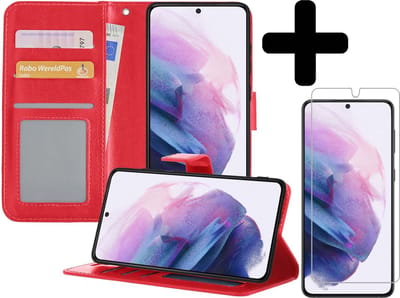 Hoesje - Met Screenprotector - Geschikt voor Samsung Galaxy S21 - Luxe Pasjeshouder - Bookcase Portemonee - Flip Case - Kunstleer Book Case - Flipcase - Book Cover - Walletcase - Portemonneehoes - Telefoonhoesjes - Rood