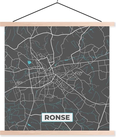 Posterhanger incl. Poster 40x40 cm - Schoolplaat - België – Ronse – Stadskaart – Kaart – Blauw – Plattegrond - Textielposter - Blanke latten - Stadskaart