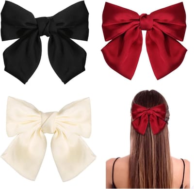 3 Stuks Haarspeld met Strik, Zachte Satijnen Haaraccessoires voor Vrouwen en Meisjes in Zwart, Wit en Rood - Perfect voor Feestjes en Dagelijks Gebruik