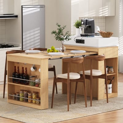 Wishdor - Keukeneiland - Uitschuifbare Tafel En Opbergruimte - Scandinavisch - Voor Keuken En Eetkamer - MDF En Glas - Naturel