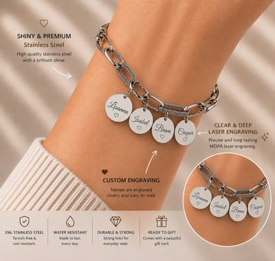 Engravia by Derya – Luxe Gepersonaliseerde Armband met 4 Hangers – 316L Roestvrij Staal – Naamgravure & Elegante Schakelstijl – Cadeau voor Moeder, Partner of Vriendin